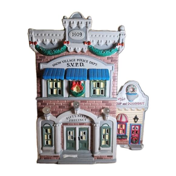 Vtg 1991 Dept 56 Snow Village Police Dept. Cup & Doughnut Shop No Light & Cord - Picture 1 of 7